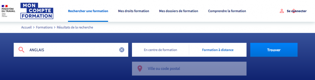 Aperçu du moteur de recherche Mon Compte Formation