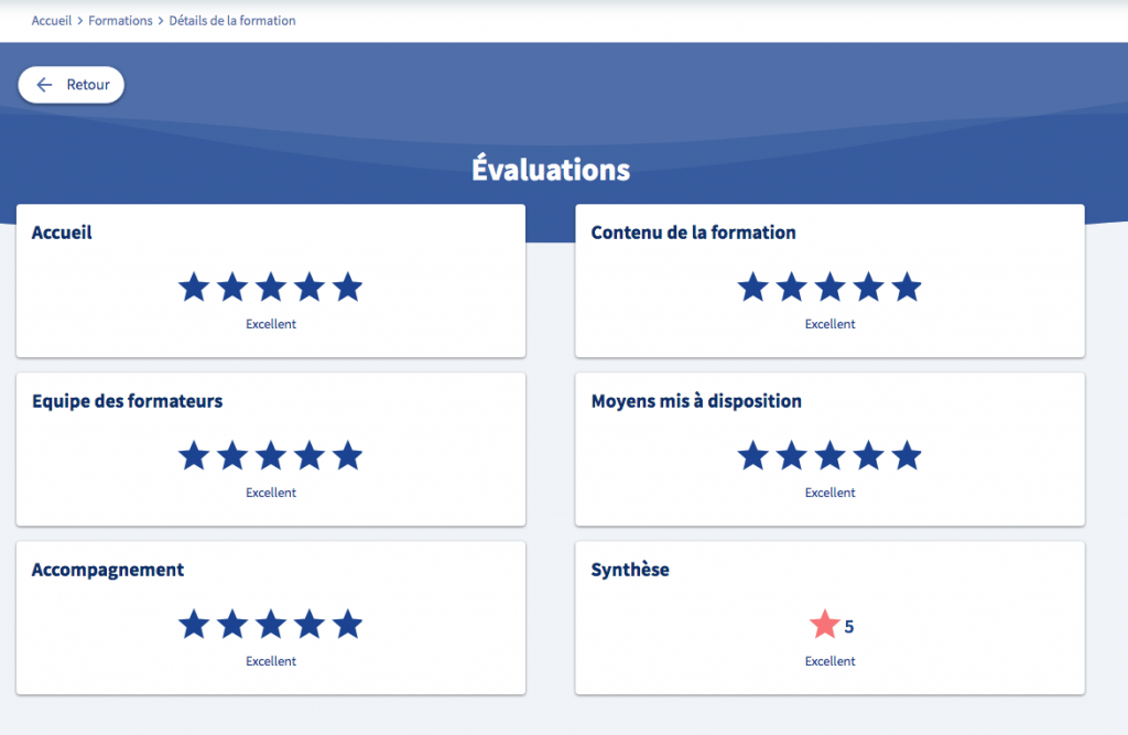 Les évaluations CPF apparaissent de manière détaillée sur les fiches des formations.